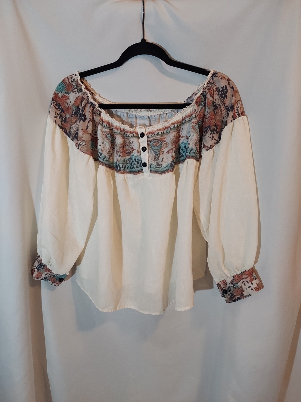 Bohemian Off-Shoulder Peasant Top in Cream with Paisley Trim